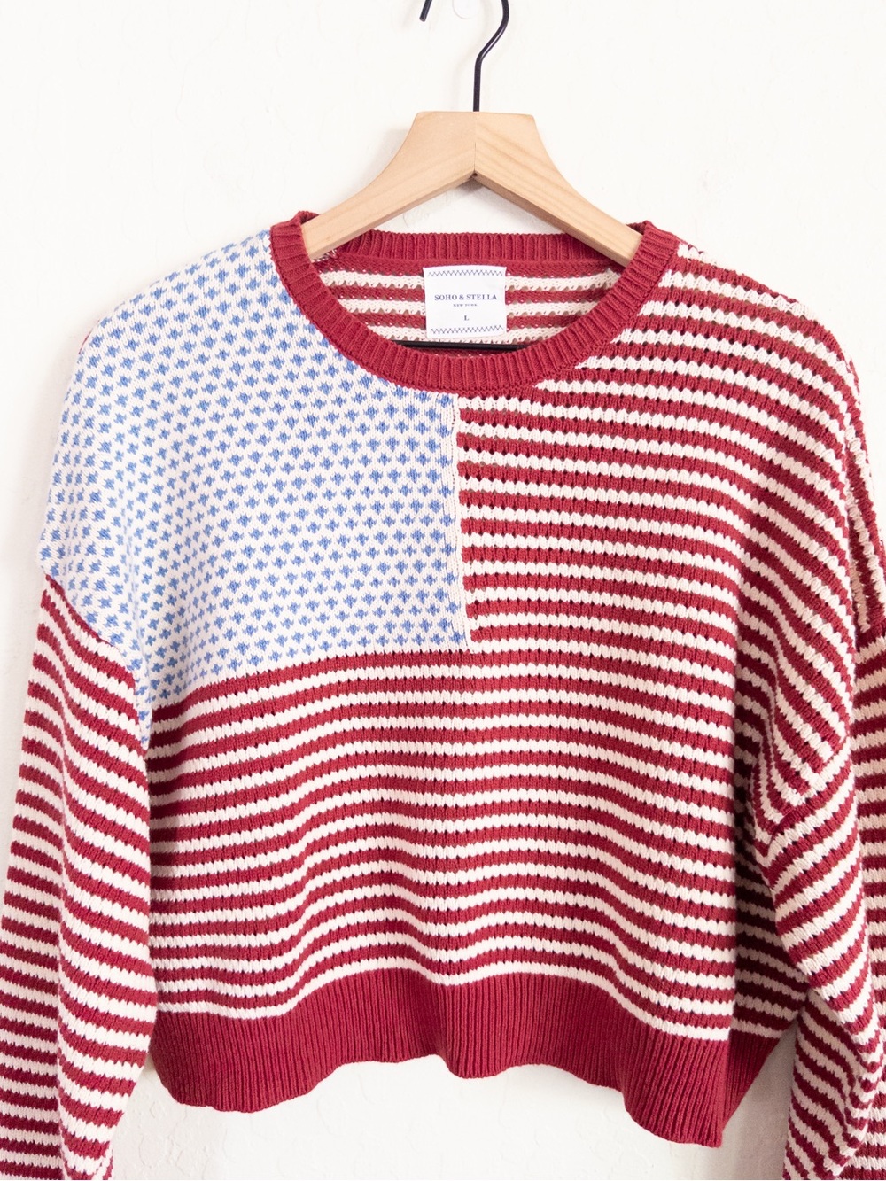 Soho & Stella American Flag Cropped Boxy Cotton Sweater Large Red White Blue - Picture 2 of 6